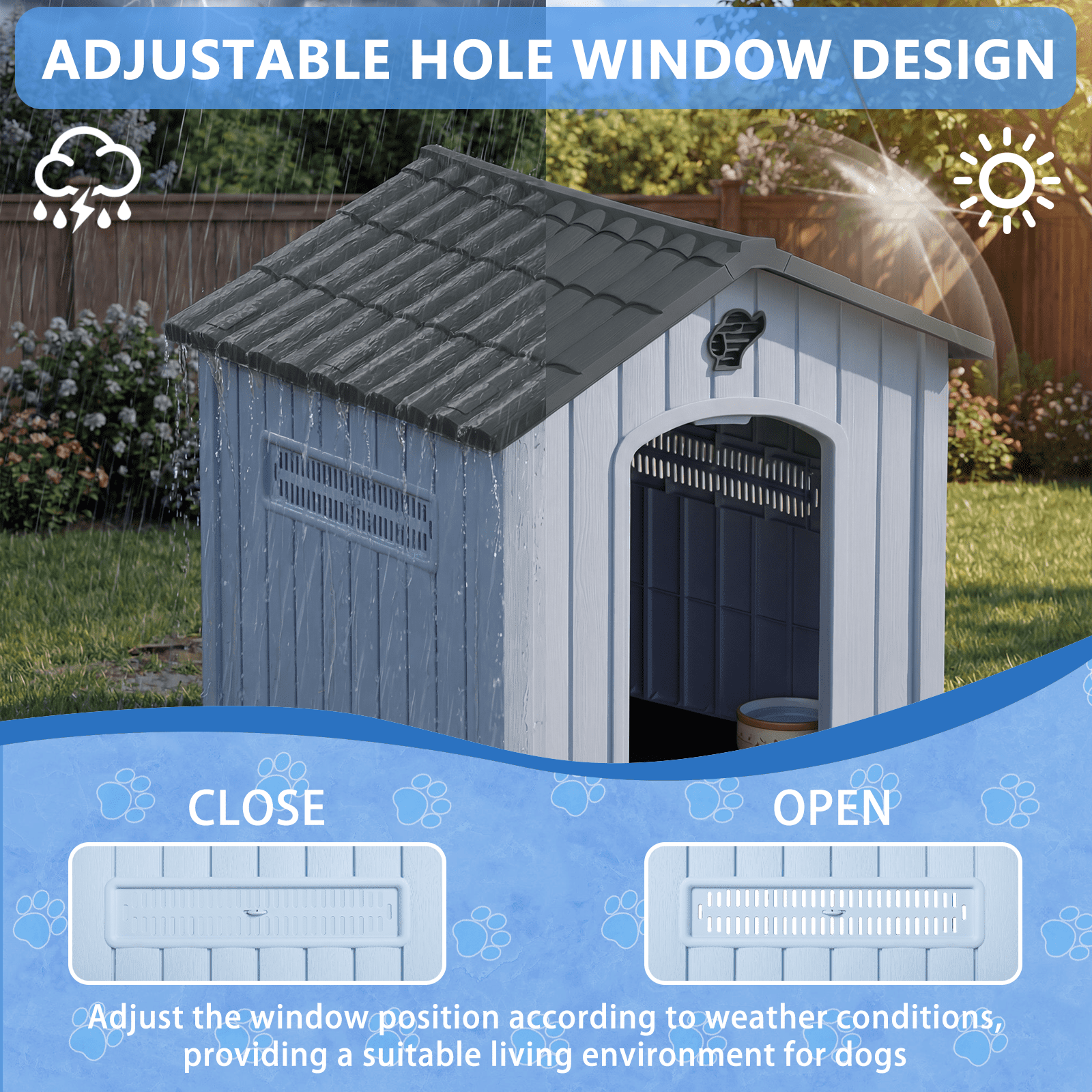 Waleaf Durable Waterproof Plastic Dog House for Small to Large Sized Dogs, Indoor Outdoor Doghouse with Elevated Floor