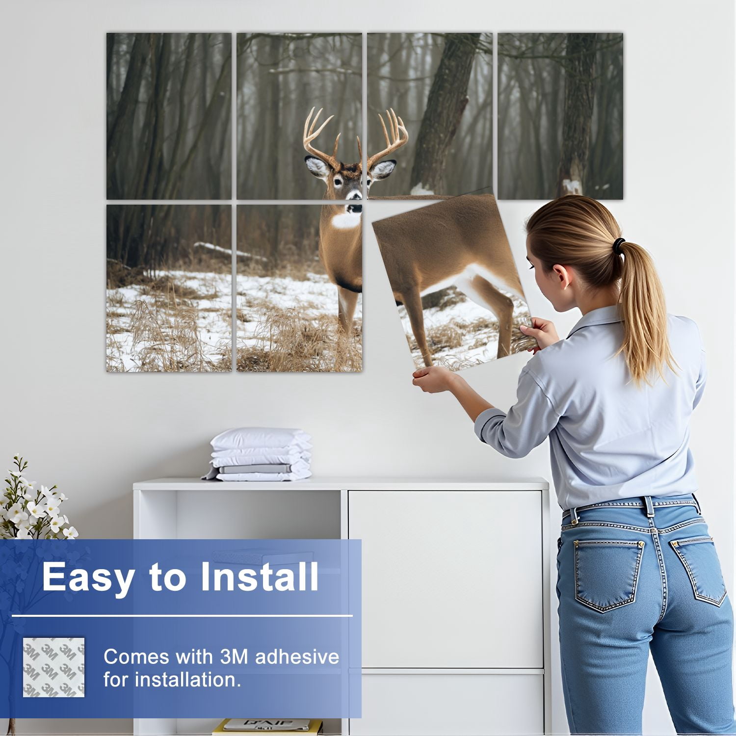 8 Pack Art Acoustic Panels Sound Absorbing whitetail deer buck standing snow Decorative Soundproof Wall Panels Self Adhesive for Nursery Game Room Bedroom 48"x32"