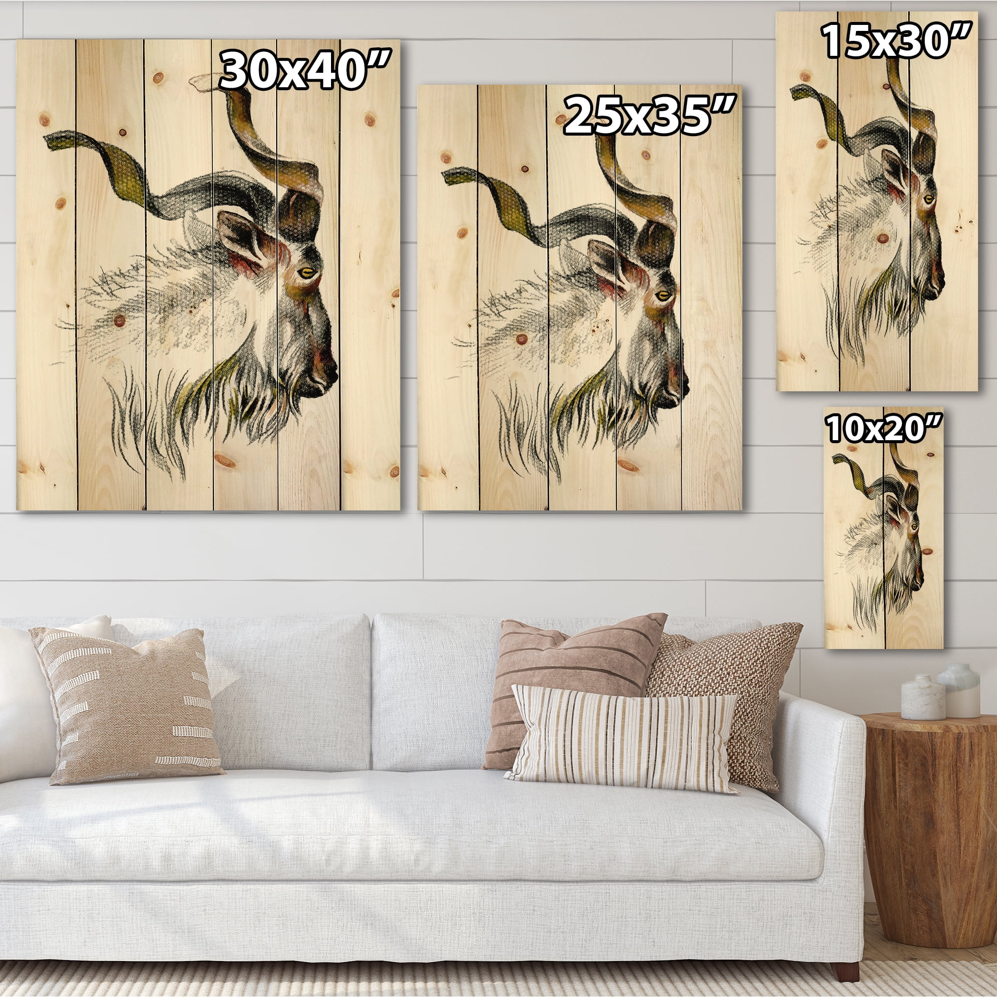 Designart 'Black and White Portrait Of Goat II' Farmhouse Print on Natural Pine Wood