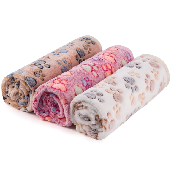 LAMIRO 3-Pack Pet Blankets for Dogs and Cats, 24x32 Inch Soft Coral Fleece Paw Print Bed Cover, Warm Washable Throw for Couch