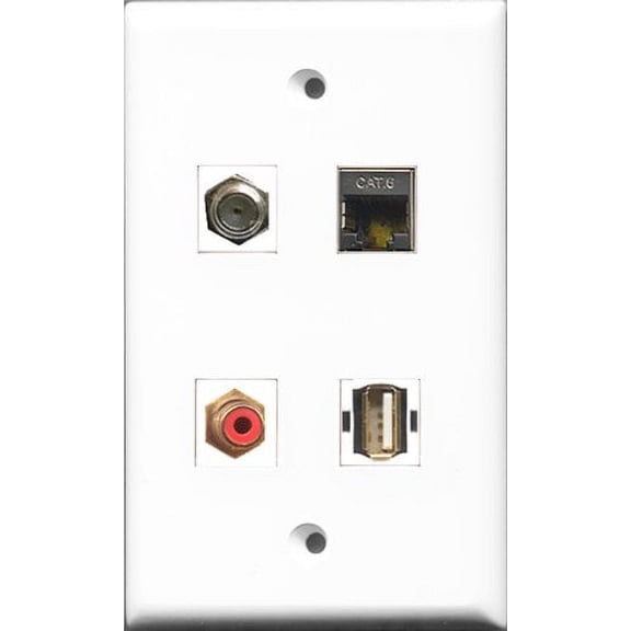 RiteAV 1 Port RCA Red and 1 Port Coax Cable TV- F-Type and 1 Port USB A-A and 1 Port Shielded Cat6 Ethernet Wall Plate