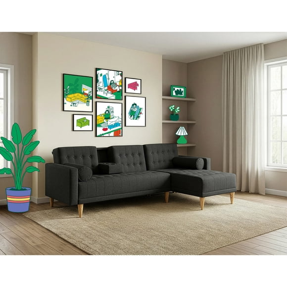Sala Modular Reversible Makora Tyson Con Memory Foam, Color Gris Oxford, Lino Respaldo Reclinable De 3 posiciones.