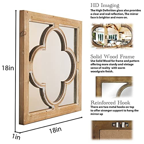 Wooden Décor Square Wall Mirror, 18in Farmhouse Wall Mirror Decorative, Window Panel Farmhouse Decor for Living Room/Bedroom, Entryway Decor, Fireplace Decor, Geometric Decor