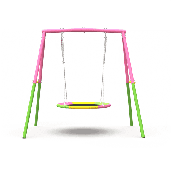 Kdymod 440lbs 40" Saucer Swing with Frame for Kids Outdoor, Heavy Duty Metal Swing Set with Adjustable Ropes & Ground Anchors, A-Frame Backyard Playset for Playground, Toddlers Ages 3 , Pink