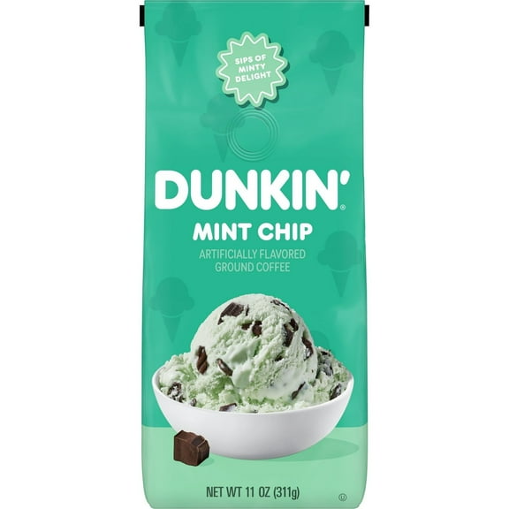 Dunkin’ Mint Chip Artificially Flavored Dark Roast Coffee, Ground Coffee, 11 oz Bag