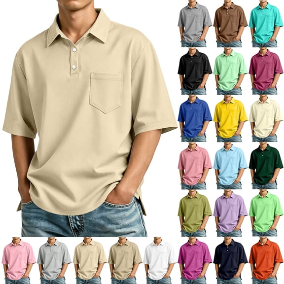 Men's Polo Shirts Short Sleeve with Pocket T-Shirts Buttons Casual Polo Moisture Wicking Golf Shirts Purple S