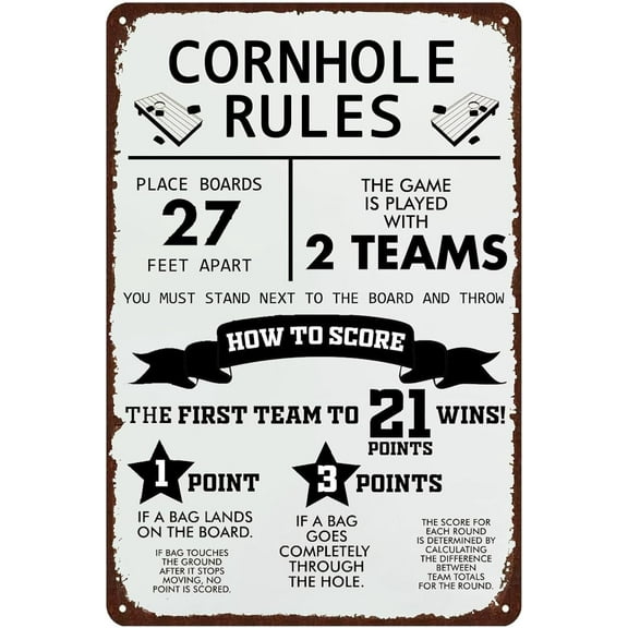 Cornhole Rules Retro Metal Games Tin Signs Funny Classic Cornhole Board Decor Vintage Wall Metal Poster for Home Garage Office Bar Cafe Pub Man Cave Gifts 12 x 8 Inch