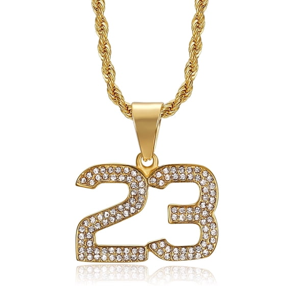 NEGS 18K Gold Plated Number 23 Pendant 24'' Chain Basketball Star Memorial Souvenir Stainless Steel Necklace for Men Women