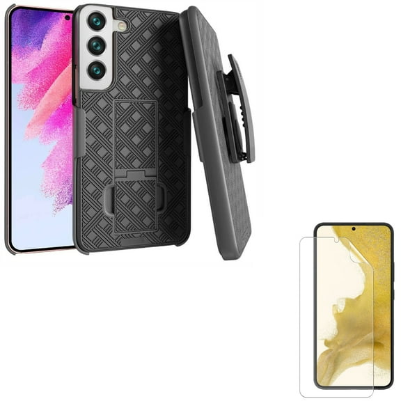 Matte Screen Protector and Case Belt Clip for Samsung Galaxy S22 Phone - TPU Film Anti-Glare Anti-Fingerprint Fingerprint Works & Holster Swivel Cover Kickstand Accessory Bundle