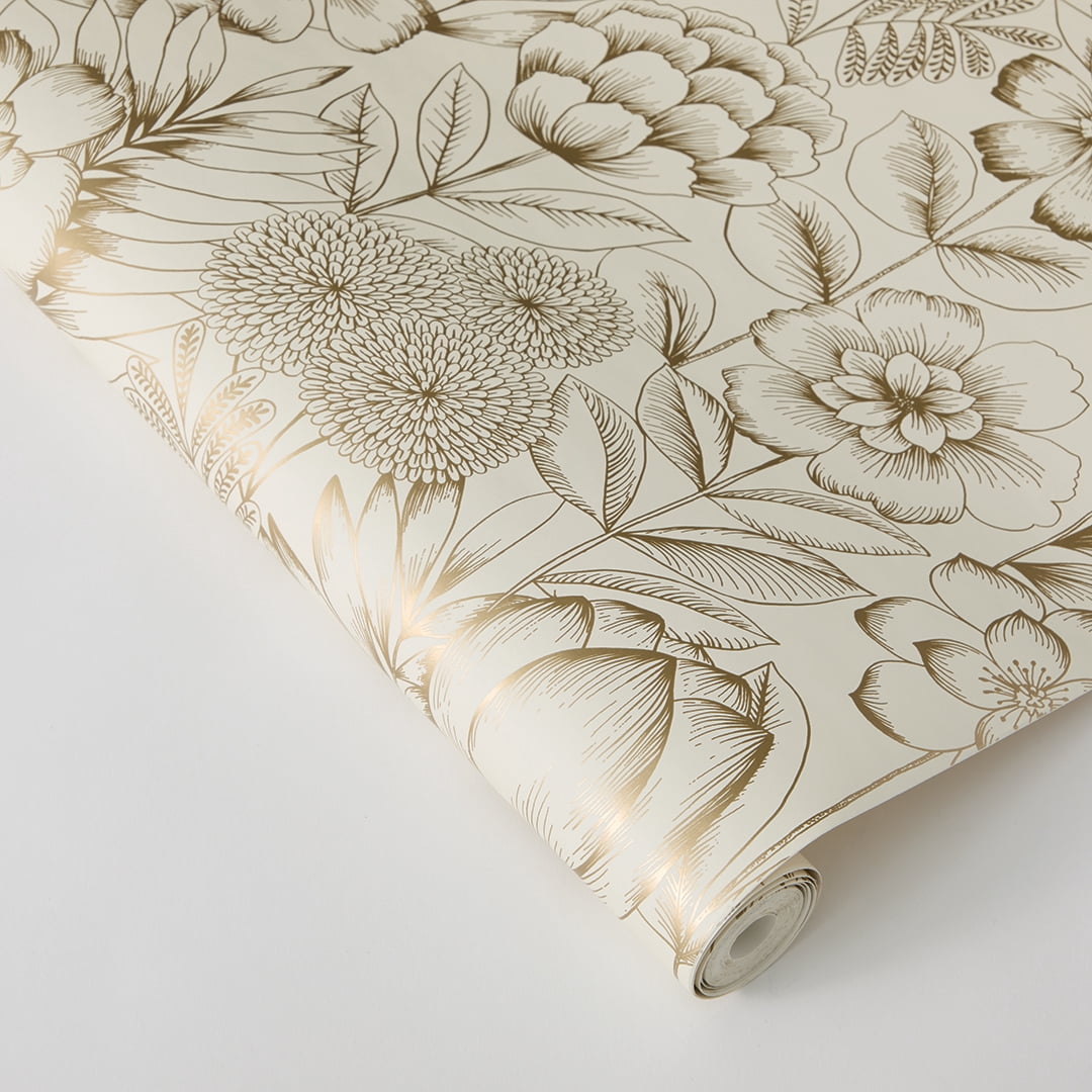 Tempaper Homestead Floral Vintage Metallic Gold Peel and Stick Wallpaper, 20.5" x 16.5'