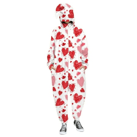 

JDEFEG Set Men Men s and Women s Valentine s Day Love Print Hooded Pullover Zipper Pajamas Party Couple Set Denim Work Jumpsuit for Men B M