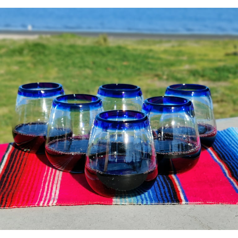 Hand Blown Mexican Stemless Wine Glasses - Glasses With Cobalt Blue Rims  (15 Oz)
