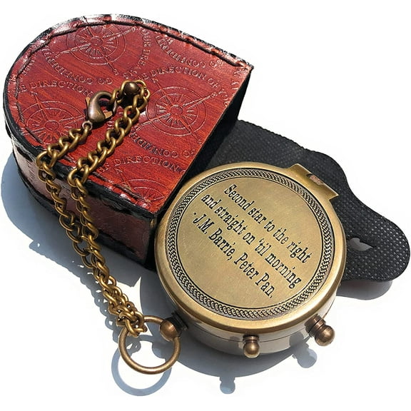 NauticalMart Second Star to The Right J. M. Barrie, Peter Pan Engraved Brass Compass Directional Compass Magnetic Pocket Personalized Gift for Camping, Hiking and Touring
