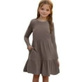 thumbnail image 3 of BiZtdJrK Girls Ribbed Long Sleeve Dress Solid Casual Crewneck A-line Tiered Pullover Midi Dress with Pockets Clothes for Teens, Khaki, 7 Years, 3 of 10