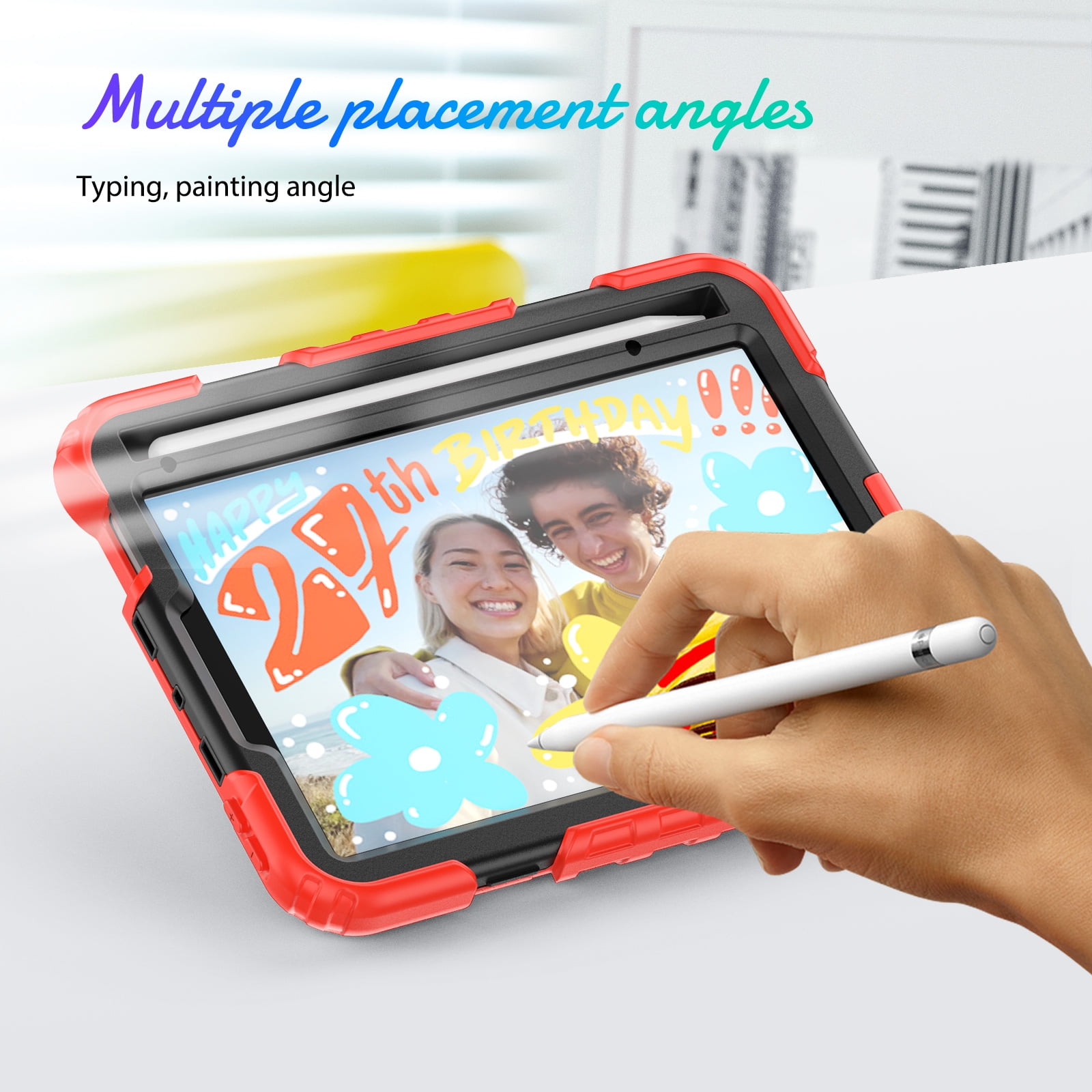 Shockproof Case for Apple iPad mini 6 /7 8.3" with Build In Screen Protector, Rugged Rotating Stand Shoulder Strap Pencil Holder Kids Friendly Bumper Case for Apple iPad mini 6/ Mini 7, Red