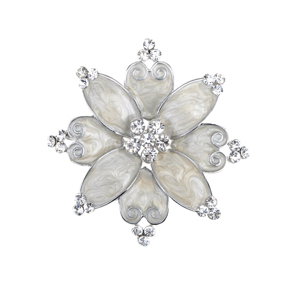 Alilang Hand Painted Pearlescent White Enamel Czech Crystal Rhinestone Flower Brooch Pin Silvery Tone