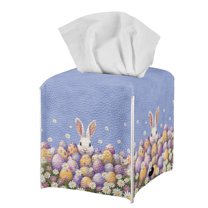 POLERO PU Leather Tissue Box Cover Square with Colored Eggs Rabbit, Waterproof Decorative Tissue Box Holder for Bathroom, Office, Desk, Car, 5.1"X5.1"X5.5"