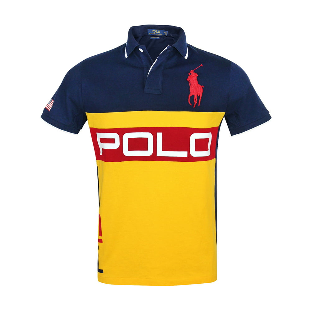 Polo Ralph Lauren - Polo Ralph Lauren Mens Custom Slim Fit Pony Logo P-15 Polo Shirt Navy Yellow