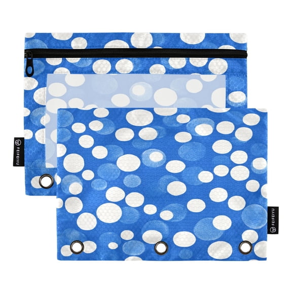 2 Pack 3 Ring Binder Pouch with Clear PVC Window Water Resistant Zipper Pencil Pouch Blue White Polka Dot Binder Pocket for Classroom Office Home Stationery Organization