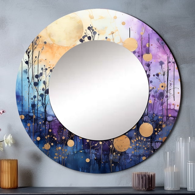 Designart "Celestial Charm II" Abstract Collages Rund Mirror For Wall Decor - Large Blue Round Printed Mirror - Coastal Round Mirror 36" x 36" Inch