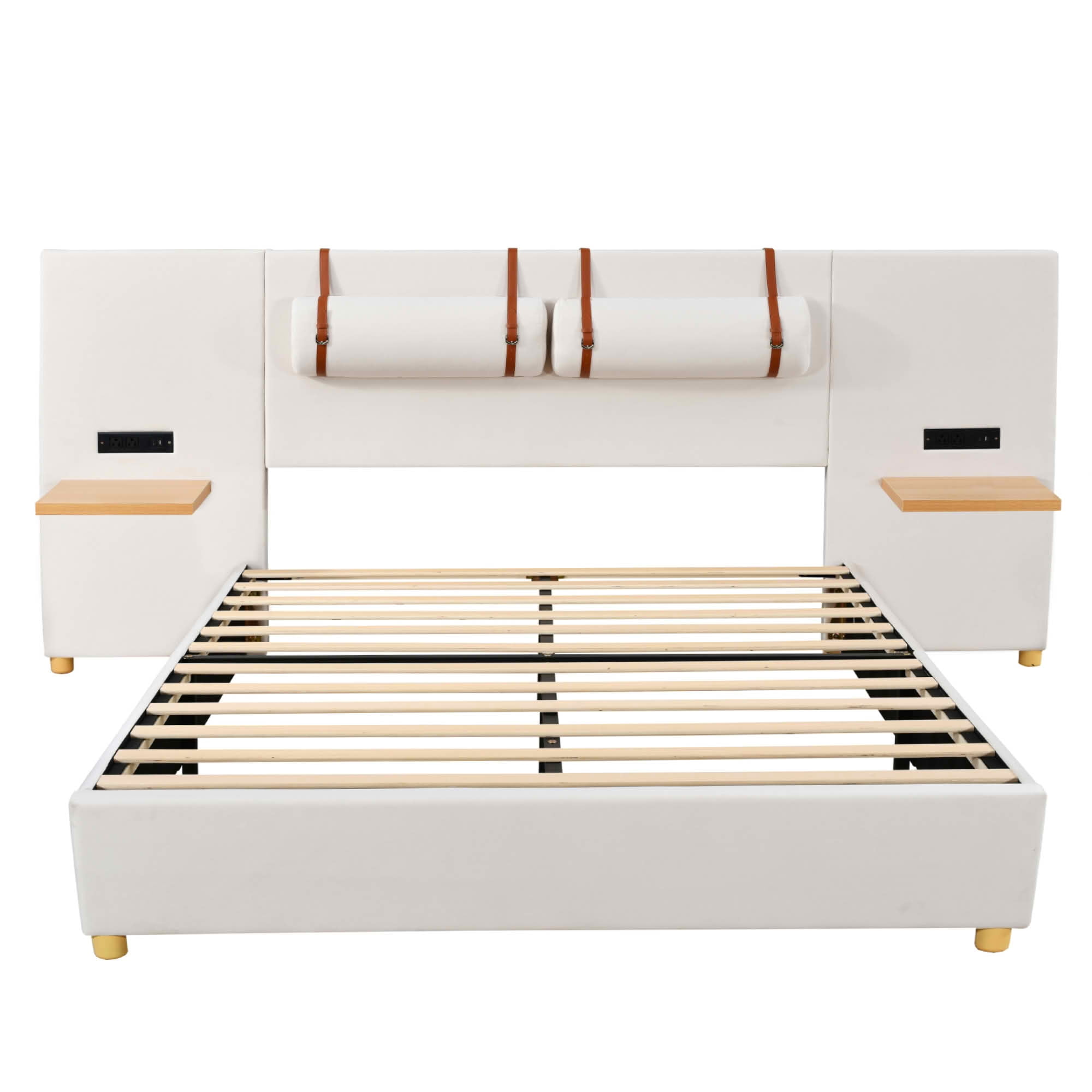 MAYEERTY Queen Size Upholstered Platform Bed, Two Outlets and USB Charging Ports on Both Sides, Two Bedside Pillows, Storage Shelves, Velvet, Beige
