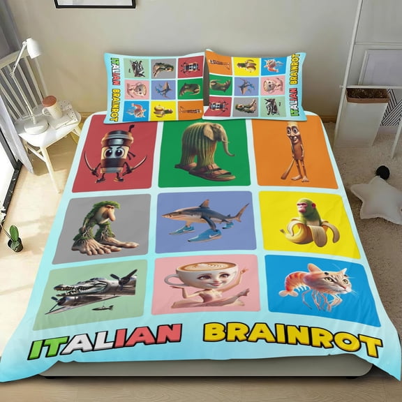 3 Piece Comforter Cover Set For Italian Brainrot Tung Tung Sahur Bedding Set Cute Duvet Cover Sets Super Soft Teens Bedding Set Kids Bedroom Gifts,1 Duvet Cover with 2 Pillowcases Twin