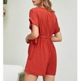 thumbnail image 4 of Women Short Jumpsuit V Neck Short Sleeve Elastic Waist Tie Pure Color Loose Short Jumpsuit for Party Holiday Club Red XL Rawiri, 4 of 6