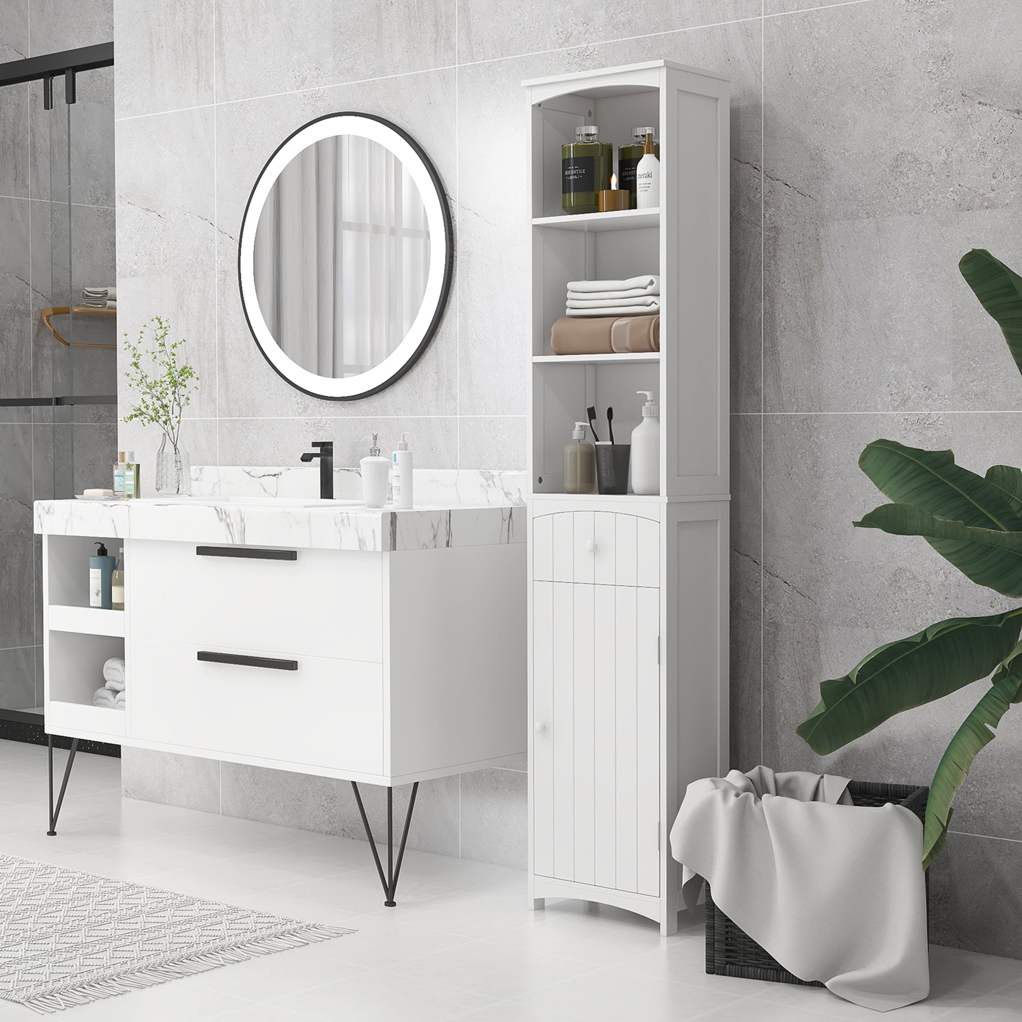 HOMCOM Bathroom Storage Cabinet, Free Standing Bathroom Storage Unit, Tall Linen Tower with 3-Tier Shelves and Drawer, White