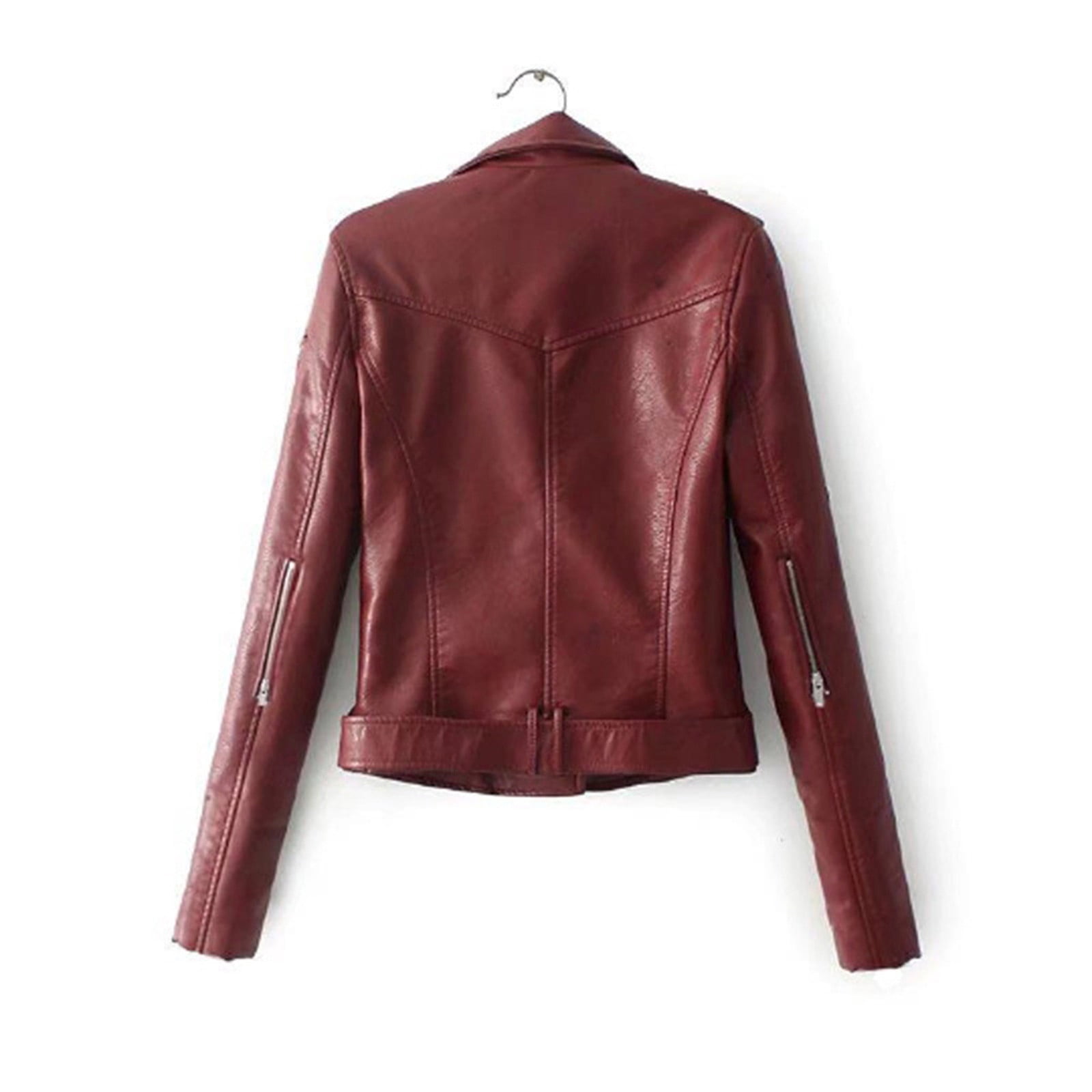 USSUMA Women's Faux Leather Short Moto Jacket Zip-up Slim PU Biker Coat with Pockets