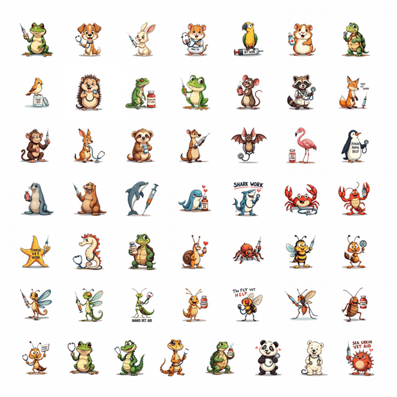 LUUFILx 50pcs Cartoon Praying Mantis Vet Theme Stickers Animal Stationery Decals Water Bottle Laptop Phone Toy Notebook Bicycle Luggage Stickers Set