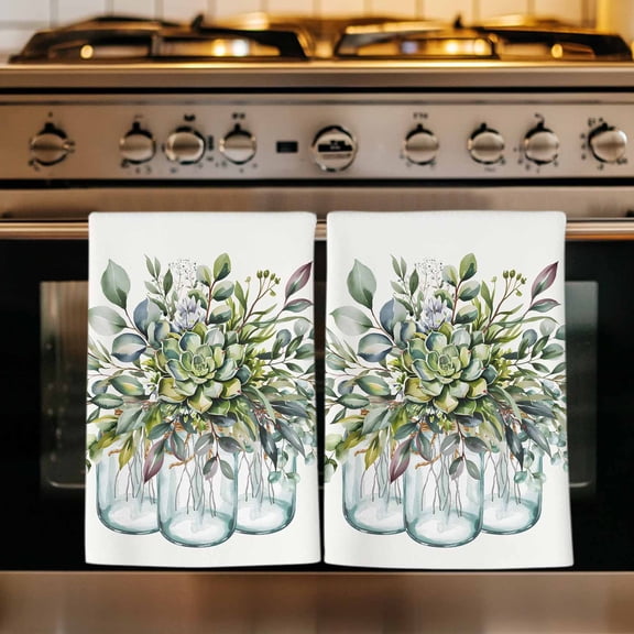Eucalyptus Green Kitchen Towels Set of 2, Stripes Bottle Flower Cactus Plant Absorbent Dish Towels for Kitchen, Microfiber Hand Towel, Quick Drying Tea Towel for Cleaning Decorative Dishcloths