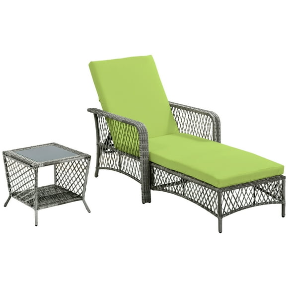 Outsunny 2 Pieces Wicker Patio Lounge Set w/ Cushions, Outdoor PE Rattan Sun Lounger Sets w/ 5-Level Reclining Chaise Chair & Two-tier Glass Top Coffee Table, Green