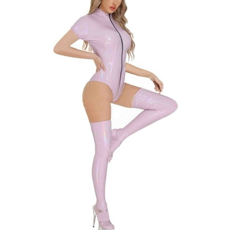 Sexy Patent Leather Bodysuit and Socks Set for Women - Elastic Fit Nightwear for Couples  Romantic Occasions