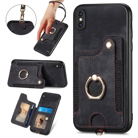 SaniMore for iPhone X/XS Wallet Case, [RFID Blocking] Elastic Card Slot Vehicle Magnetic PU Leather Ring Holder & Lanyard Stand Money Pocket Protective Cover for iPhone X/XS, Black