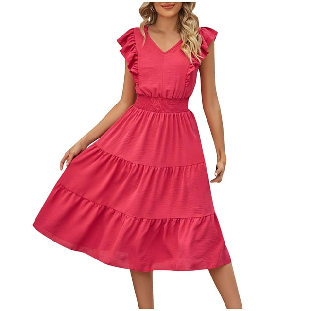 AherBiu Robe Midi Boho pour Femmes à Volants, Manches Courtes Style Cap, Col en V, Taille Smockée, Été, Décontractée, Fluide, Voyage