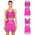 thumbnail image 4 of Aislor Women's Latin Salsa Ballroom V Neck Sleeveless Fringe Crop Top with Swing Skirt Indian Dancewear Hot Pink XL, 4 of 7
