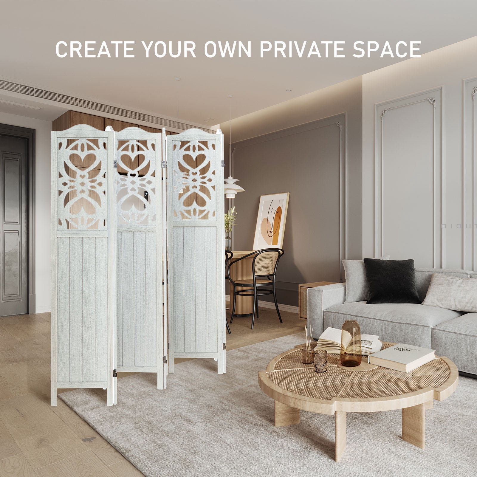 Aleesing 6 Panel Carved Room Divider, 5.6Ft Wood Fold Privace Screen, No Installation Require, White