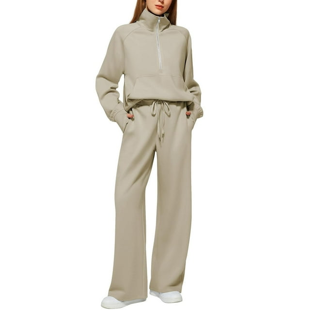 Women's Fall Matching Set - Half Zip Sweatshirt & Wide Leg Sweatpants - Casual Oversized Outfit S-XXL