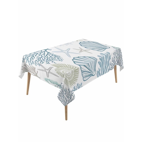 Light Blue Coastal Rectangle Tablecloth, Summer Beach Coral Shell Starfish Waterproof & StainResistant Tablecloth, Washable Oil-proof Table Cover for Dining/Party/Wedding/Camping/Buffet 60x120 In