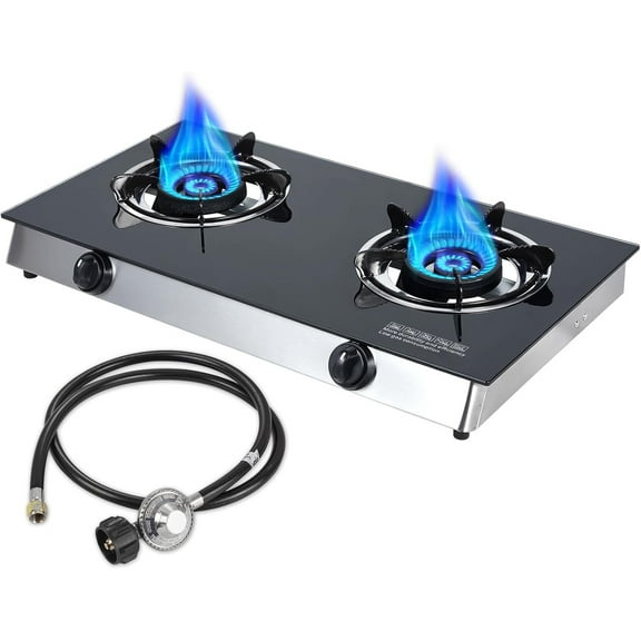 Llamaviva 2 Burner Propane Gas Cooktop, Portable Tempered Glass Double Stove with Auto-Ignition, 19,000 BTU Total Output, CSA-Certified Regulator & Hose, for Camping, RV, Outdoor Kitchen & BBQ