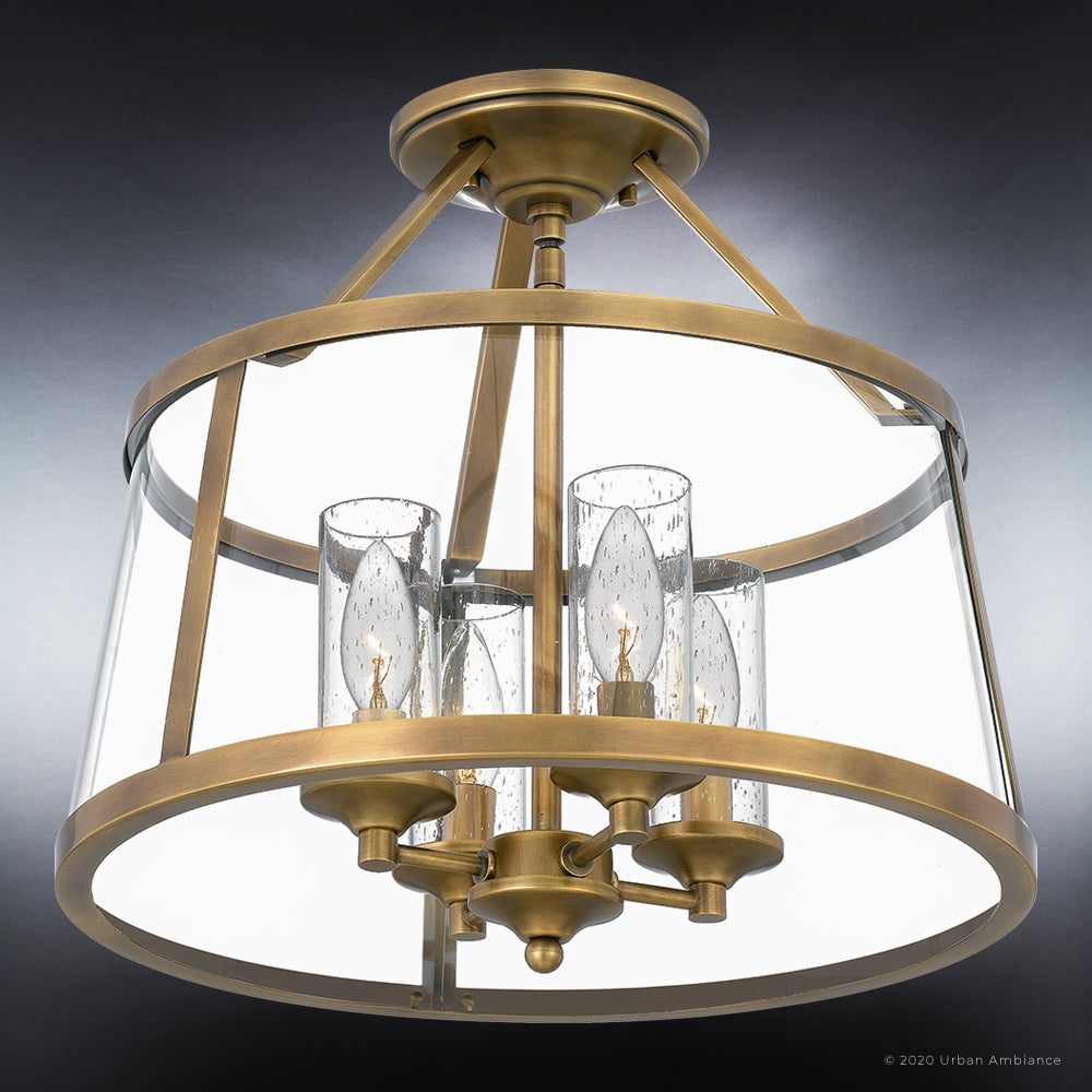 Luxury Traditional Indoor Ceiling Light, 14.50''H x 16.00''W, with Colonial Style Elements, English Country Design, Rustic Brass Finish and Clear Glass Drum, Seeded Glass Interior, UQL3650