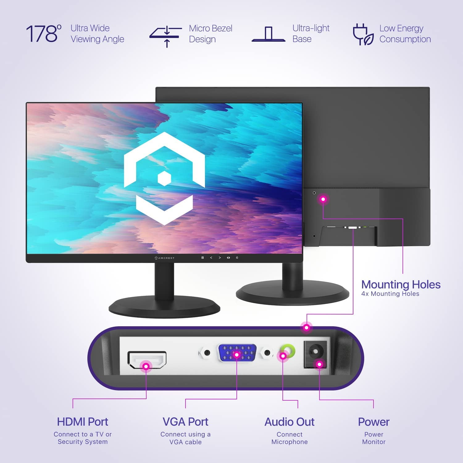 Amcrest 22" 1080p W-LED 60 Hz Computer Monitor, Black, AM-LM22