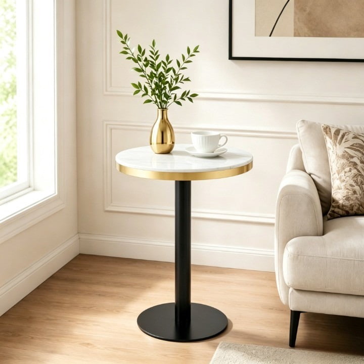 23.6" Round Light Luxury Coffee Table, UV Paint MDF Marble Texture Countertop with Stainless Steel Edging, Sturdy Metal Leg Side Table for Living Room Bedroom Entryway Office