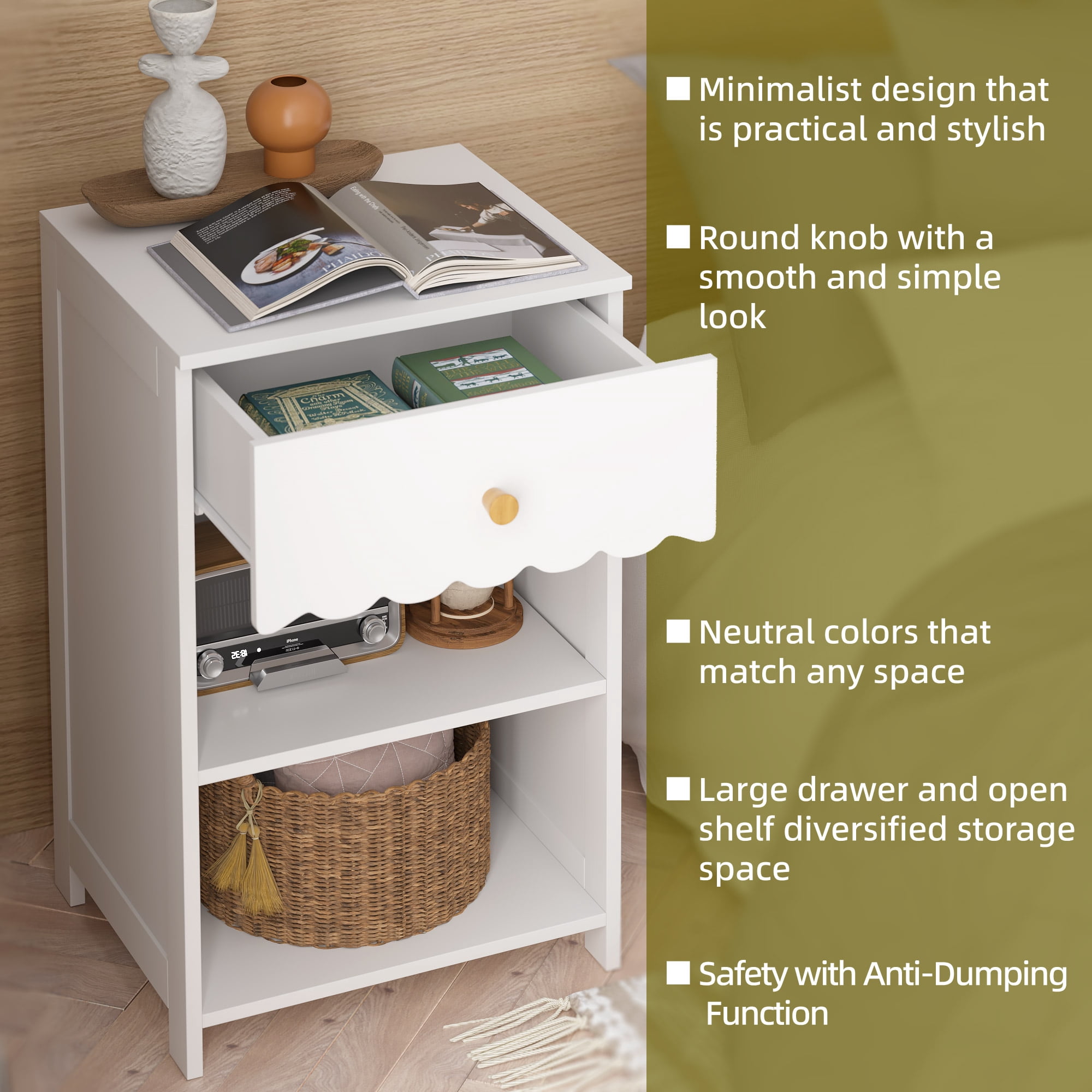 Yoneston Elegant 3-Tier Open Shelf Nightstand with Drawer Storage for Kid's Room Bedside Bedroom, Snow White