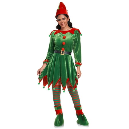 Women Elf Costume Christmas Outfit Adult 6PCS Velvet Dress with Hat Ears Belt Shoes Cover Socks Halloween Xmas Cosplay -M