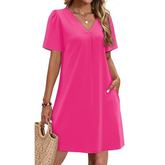 Fantaslook Summer Dresses for Women Short Sleeve V Neck Casual Shift Dress with Pockets