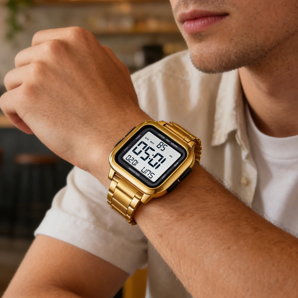 ZOLOHONI Digital Watches for Men Gold Stainalee Steel Waterproof Electric Watch Mens Sports Watches