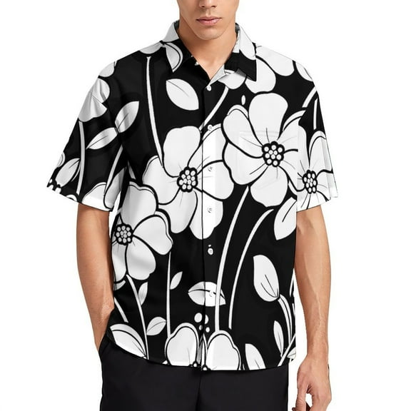 Mens Summer Black And White Ink Flower Shirts Button Down Short Sleeve Vintage Hawaiian Shirts with Pocket