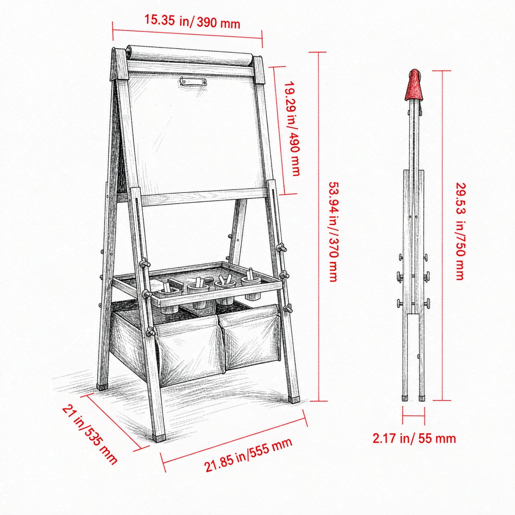 3 in 1 Kids Art Easel, Wooden Double-Sided Magnetic Whiteboard & Chalkboard with Paper Roll, Adjustable Standing Drawing Board with Painting Accessories, for Boys Girls