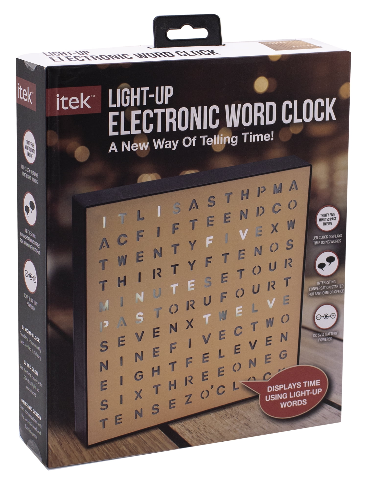 SHARPER IMAGE Light Up Electronic Word Clock, Matte Black Finish 